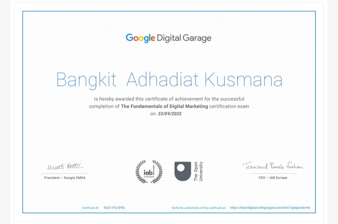 Sertifikat Google Digital Garage - The Fundamentals of Digital Marketing